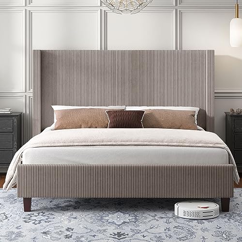 HOWE King Size Upholstered Platform Bed Frame, Wingback Bed with 50.8\" Headboard, Corduroy/Solid Wood Leg/No Box Spring Needed/Noise Free/Taupe - Thumbnail 3
