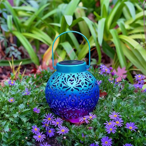 Image of 2 Pack Outdoor Solar Hanging Lantern Lights Metal LED Decorative Lamp for Garden Patio Courtyard Lawn and Table with Hollowed-Out Design (Royal Purple)