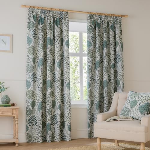 furn. Wylder Ophelia Room Darkening Pencil Pleat Curtain Pair – Bold Botanical Floral Jacquard Drapes (Thyme/Mineral - L 137 x W 117cm - 2 Pannels)