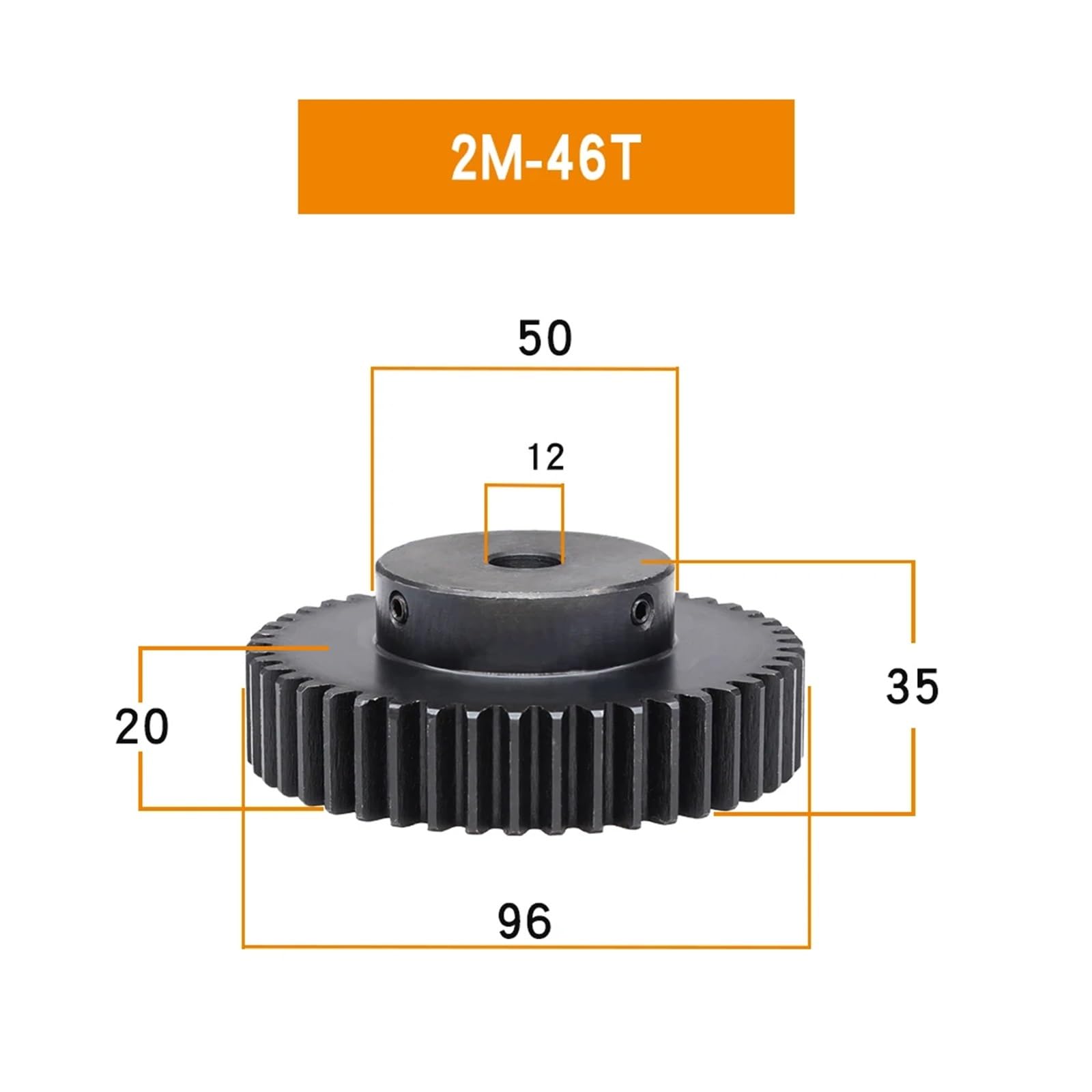 Bevel Gear Pinion Hardware Mechanical Motor Gear 2M-45T/46T Bore Size 12mm Gear Wheel Blackening Carbon Steel Teeth Height 20mm Total Height 35mm(2M-46T)