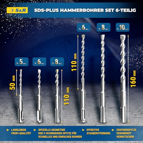 S&R Steinbohrer, Betonbohrer SDS-Plus Bohrer-Set 6-tlg (5-10mm) für Bohrhammer; Steinbohrer Set, Betonbohrer Set; 2-Kant-Hochgeschwindigkeits-Hartmetallspitze und Rundlaufgenauigkeit für Ziegel, Stein