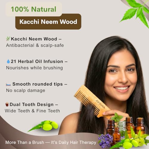 Image of Kacchi Neem Wooden Comb Set (2 Pcs), Infused with 21+ Herbs Amla, Bhringraj Oils - Up to 70% Dandruff Control | Anti-Static, Plastic-Free (Handle Comb + Dual Tooth) Ayurvedic Hairs Accessory