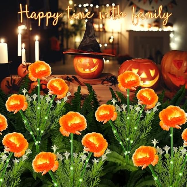 Halloween Decorations Solar Marigold Garden Lights Outdoor,2PACKS Artificial Marigold Flowers for Halloween Party Gifts Decor,Solar Flowers Path Lights for Lawn/Grave/Creepy Decor