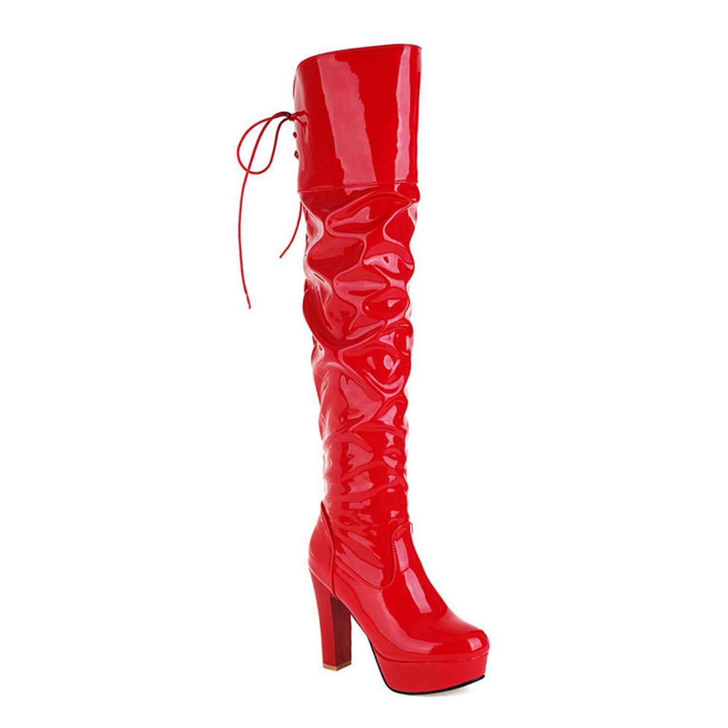 Plate-Forme pour Femmes sur Les Bottes au Genou Bout Rond Gros Talons Blocs Bottes Longues avec Lacets à l'arrière en Cuir Verni à Talons Cuissardes
