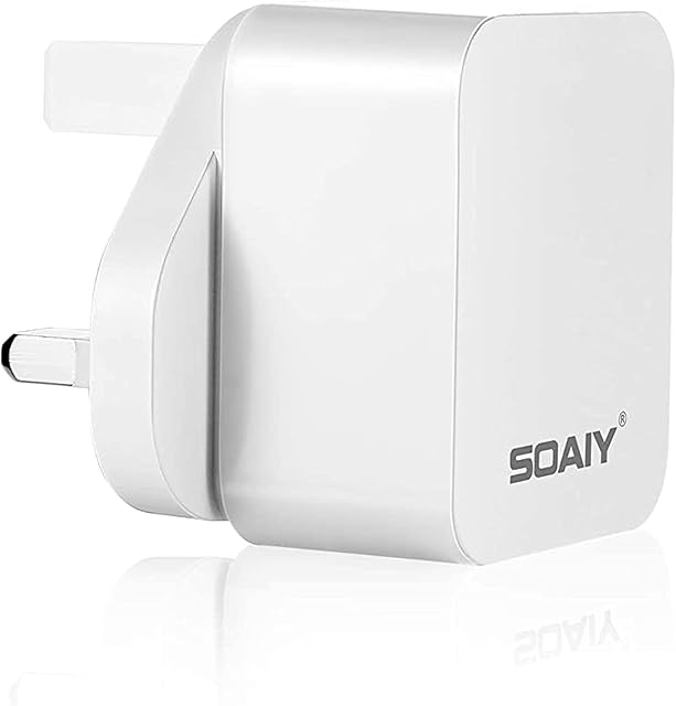 SOAIY USB Power Adapter, UK Mains Charger, 5V 2A USB Plug, USB Wall Charger 10W, White 3 Pin Plug for Baby Sound Machine, USB Fan, Mirror Lights, Mood Lights, VR Headset, Echo, Nubia