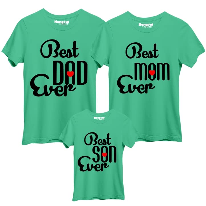 Hangout HubHH51 Family-Men's Women's & Boy's-Best Dad Mom Son Ever Green Color-Cotton Printed Regular Fit T-Shirts (Pack of 3) Matching Twinning Tees