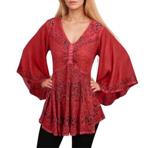 Agan Traders 2025 Summer Long Bell Sleeve Tops for Women - V Neck Asymmetrical Bohemian Blouses for Women