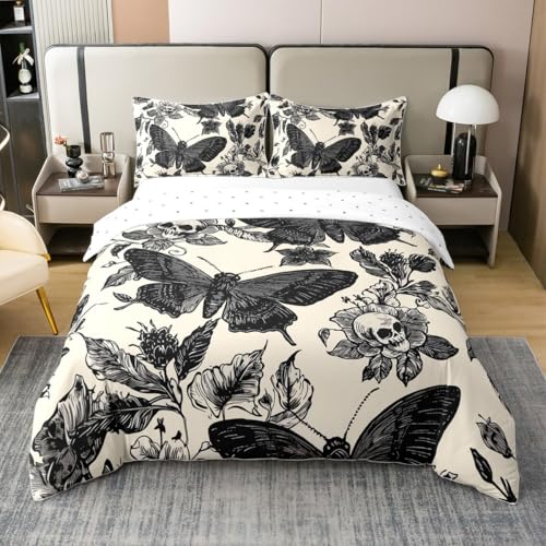 Homemissing Moth de Mort Noir Jaune Literie Set Enfants crâne Gothique Gothique Coton Housse de Couette 200x200cm Halloween Rose Florale Soleil Lune Parure de...