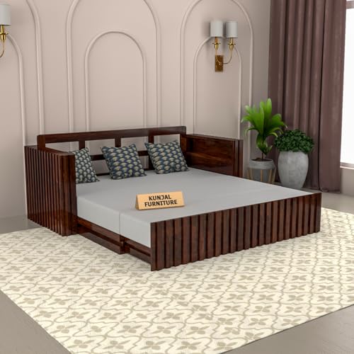 Image of Kunjal Furniture Solid Sheesham Wood Sofa Cum Bed with Storage for Living Room | Natural Finish | 3-Seater Convertible Sofa Bed | Handmade Wooden Furniture (Walnut, American)
