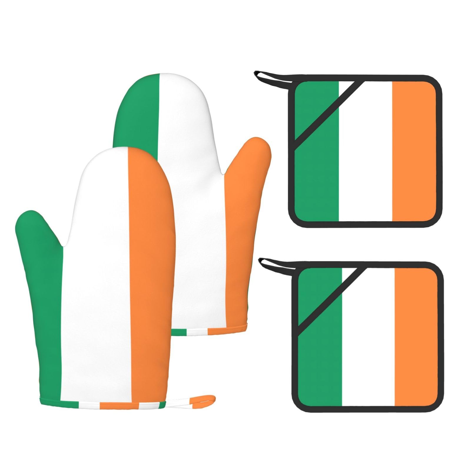 Irish flag Printed Oven Mitts with Pocket and Hot Pads, Silicone Non-Slip Kitchen Gloves for Baking BBQ