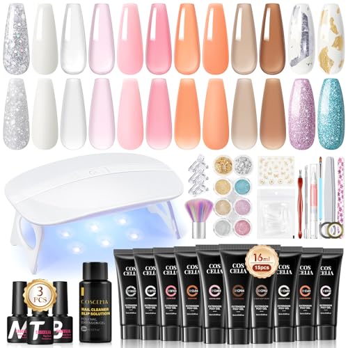 COSCELIA Gel Extensión de Uñas Kit Completo, 10 * 16ml Kit Uñas de Gel y 6 Colores Polvo de Uñas Brillante con U V Lámpara, Base Top y Mate Top Coat, Poly Uñas Gel Kit para Principiantes Regalo
