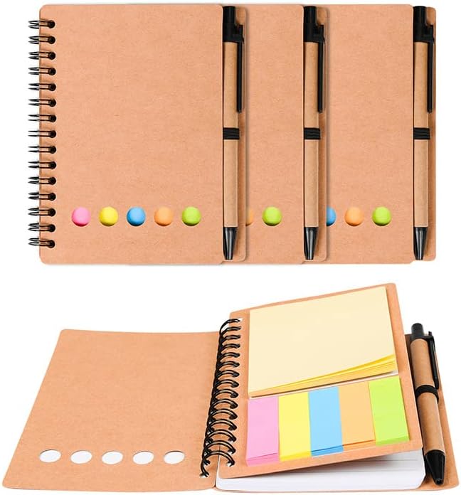 Pack de 4 blocs de notas en espiral con soporte para bolígrafo, cuaderno de papel rayado, notas adhesivas, marcadores de página y fichas de índice