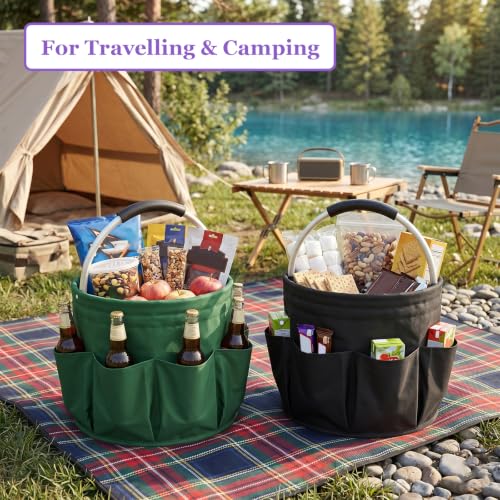 Image of 2PCS Cleaning Caddy, 17L Collapsible Cleaning Supply Caddy with Handle, Foldable Tool Bucket Organizer with Outer Pockets, Storage Basket for Travel, Housekeeping, RV, Green + Black