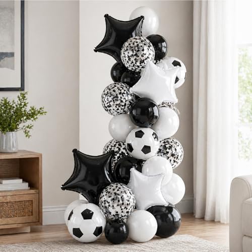 Image of Soccer Balloons, 12Inch Black White Soccer Printed Latex Balloons, 18 Inch Black and White Star Foil Balloon with Confetti Helium Balloon for Sport Football Theme Boy Men Birthday Party Decorations