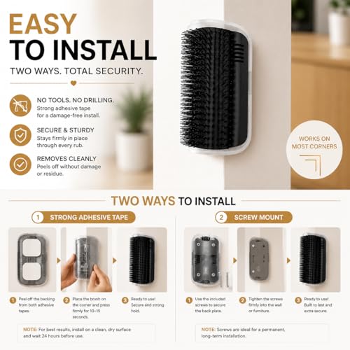 Cat Corner Self Groomer - 3 PACK - Wall Mounted Cat Grooming Brush for Indoor Cats, Self Grooming Pet Brush with Adhesive & Screws, Corner Massager for Shedding & Itching Relief - Image 4