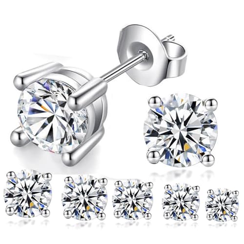 5 Pairs Cubic Zirconia Stud Earrings for Women - 14K White Gold Plated Hypoallergenic 3-7mm Cubic Zirconia Studs Earrings for Men Women