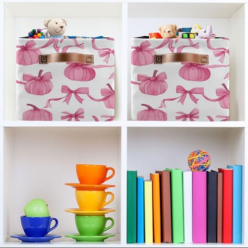 Image of Wamika Pumpkin Bow Pink Storage Basket with Waterproof Liner and PU Handles Fall Storage Bins Boxes 14.2 inch Collapsible Decorative Organizer Baskets for Bedroom Closet Office 2 Pack