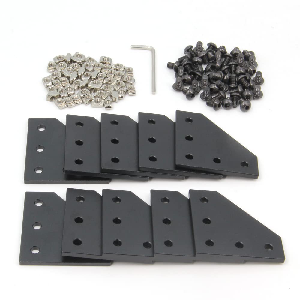 Befenybay 10PCS/Set Black L Corner Bracket Plate with 50PCS M5x8mm Screws and 50PCS M5 T Nuts for 2020 Series Aluminum Profile 3D Printer Frame