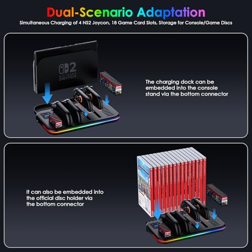 Image of Charging Dock for Nintendo Switch 2 Joy Con, RGB Docking Station for Joycons Controller, Switch 2 Accessories with 18 Game Card Slots