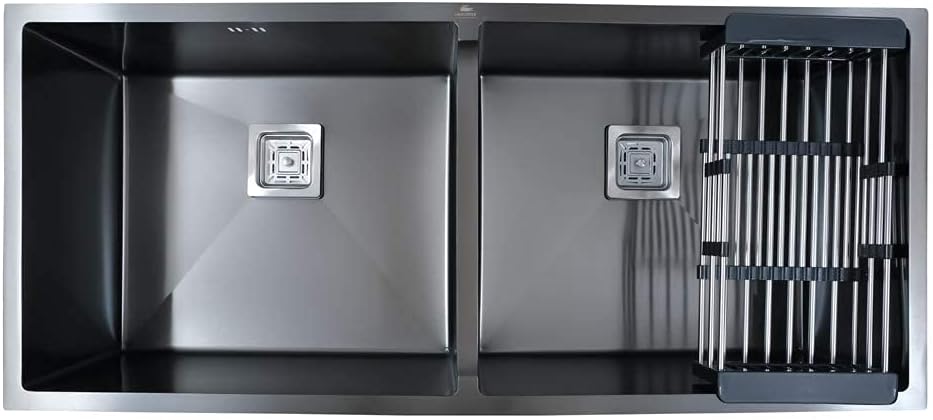 BLACKADO 304 GRADE STAINLESS STEEL DOUBLE BOWL HANDMADE KITCHEN SINKS (37 * 18 * 10", 37 * 18 * 10 PREMIUM BLACK)