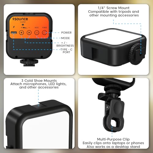 Image of Sounce LED Video Light for Video Shooting YouTube,Zoom Meeting, Photography Lighting with Clip Dimmable and Rechargeable for Camera Selfie Stick Tripod Laptop Cellphone and Other Gadgets