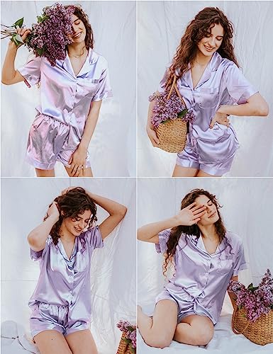 Image of LecGee Womens Silk Satin Pajamas Set Short Sleeve Button Up Sleepwear Loungewear 2 Pcs Pj Sets