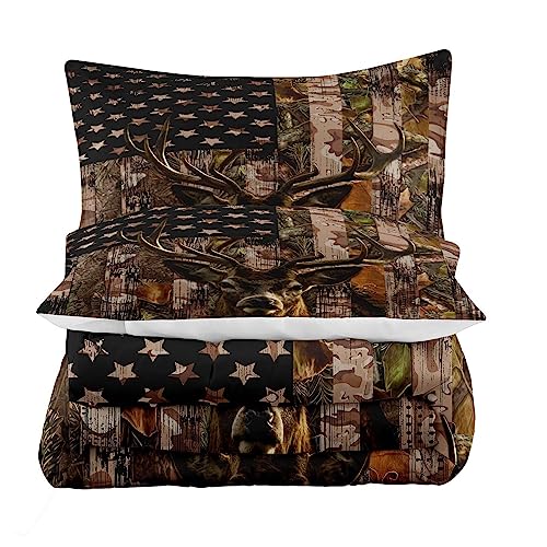 Image of Tailor Shop Deer Comforter Sets Full Size for Boys Kids Teens,American Flag Camo Bedding Sets Hunting Comforter Sets Woodland Moose Wildlife Forest Bed Set, with 1 Comforter 2 Pillowcase