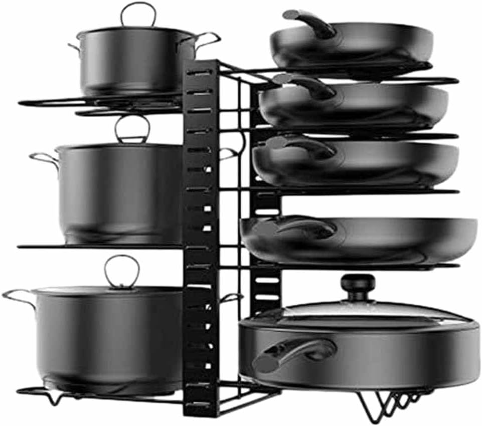 Pot Rack Organizer, 8 Tiers Adjustable Pots and Pans Organizer, Large Capacity Pot Lid Holders & Pan Rack for Kitchen Cabinet and Counter with 3 DIY Methods