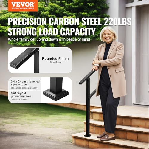 VEVOR Handlauf 103 cm, Treppengeländer-Set für 2–3 Stufen, schwarzes Vierkantrohr mit horizontaler Stange, Stützgeländer aus Karbonstahl für Senioren, Beton- & Decktreppen