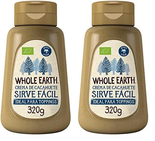 Whole Earth - Crema Ecológica 100% Cacahuete Sirve Fácil - 320 g - Sin Azúcar Añadido - Sin Aceite de Palma - Sin Gluten - Apta para Veganos - Fuente de Fibra y Proteínas - Fácil de Untar