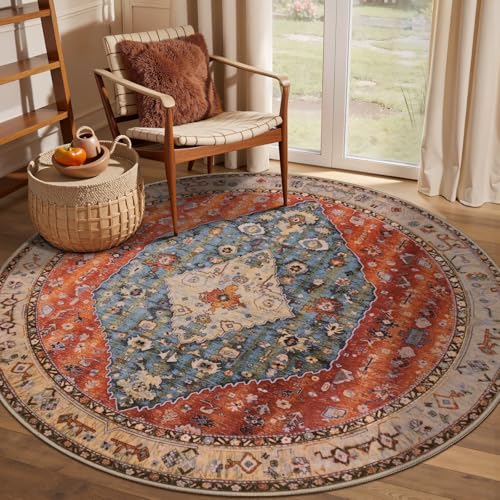 SERISSA Boho Round Area Rug, 4ft Washable Non-Slip Circle Rug, Ultra Soft Oriental Vintage Tribal Low-Pile Small Circular Carpet for Bedroom Entryway Kids Room Office College Dorm Living Room