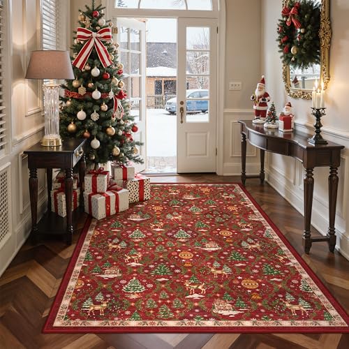 Madane Washable Christmas Rugs - 3x5 Non-Slip Lightweight Red Area Rug for Living Throw Small Soft Bedroom Rugs, Holiday Decor Carpet Accent Print Indoor Rug for Kitchen Dining Room