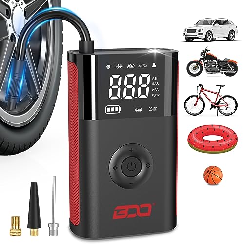Tire Inflator Portable Air Compressor - Auto Shutoff for Car Tires,150 PSI Air Pump for Car,Tire Inflator with Pressure Gauge-2X Cordless Tire Pump for Car, Motorcycle, E-Bike, Ball Light Red