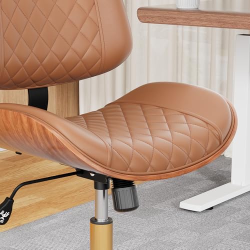Image of Home Office Desk Chair with Swivel Wheels, Mid-Century Modern PU Leather Armless Office Chair, Small Mid Back Computer Chair for Home Office, Meeting Room
