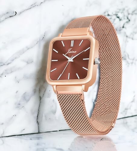 Image of jainx Square Dial Rose Gold Mesh Chain Analog Wrist Watch for Women (Rose Gold /Brown /Black /Silver /Green Color Dial)