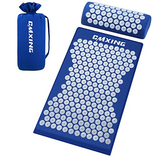 cmxing Kit d'Acupression Tapis Coussin de Massage, Coussin de massage d'acupuncture, Comprend tapis+ Oreiller + sac pour Yoga Traitement détend et soulage le stress,Bleu, 67 × 41 × 2,5 cm (Bleu blanc) Cover