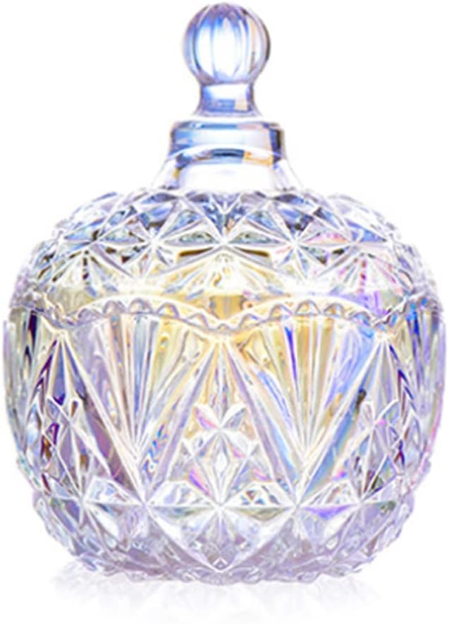 Colorful Crystal Glass Jar, Sugar Bowl Candy Dish, Snacks Storage Jar with Lid, Decorative Trinket Cosmetics Display Pot for Dressing Table Bathroom Parties Xmas, Gift for Girl (9.8 * 9.8 * 12)
