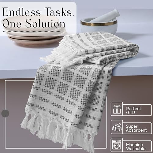 Image of Matrix Dobby Kitchen Dish Towels Set of 4, 100% Cotton, 16x26 Inches, Reusable Dishcloths with Handmade Knotted Tassels, Absorbent, Washable Towels for Cleaning - Dark Gray, White