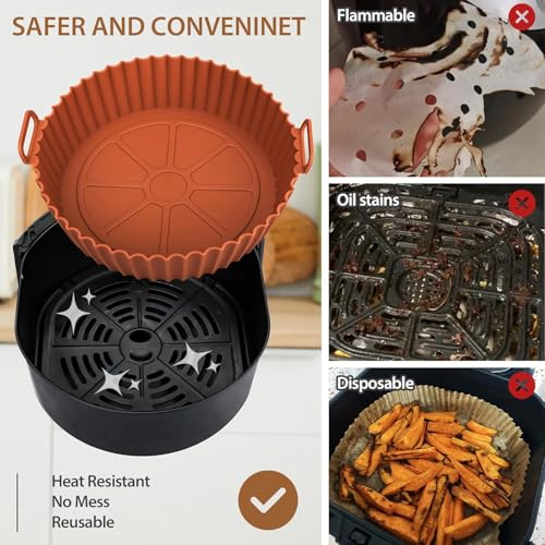 Image of PureBake Air Fryer Silicone Tray Liners Nonstick Reusable Heat Resistant Round Basket, 8-Inch with Handles, Multicolor, for Air Fryer, Oven, Microwave, and Steamer - Pack of 2 Liners with Brush