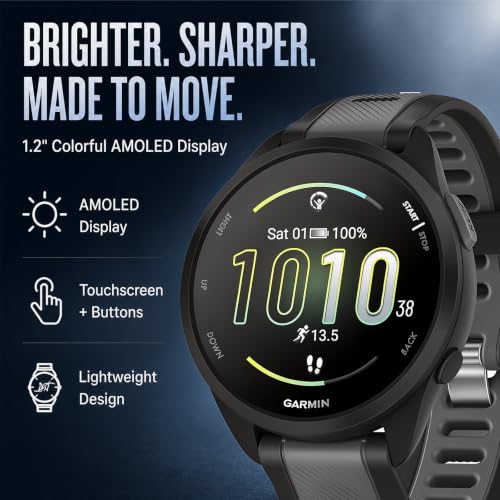 Image of Garmin 010-02863-20 Forerunner 165 Smart Sport Watch, Black + Slate Gray Bundle with Deco Essentials Charging Dock, 3X Silicone Dust Cover and USB Type C Charging and Sync Cable