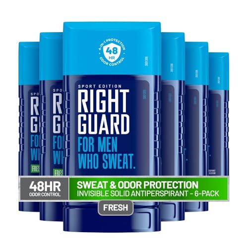 Right Guard Sport Fresh Scent Antiperspirant & Deodorant Invisible Solid - 4-in-1 Deodorant For Men Blocks Sweat 48-Hour Odor Protection Quick-Drying & Long-Lasting 2.6 oz (6 Pack)