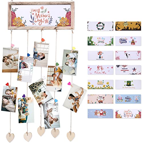 Fashionwu Picture Frames Collage Wall Decor, Photo Display Wood Photo Board with 30 Heart-shaped Clips, Wood Rustic Frames for Home Dorm