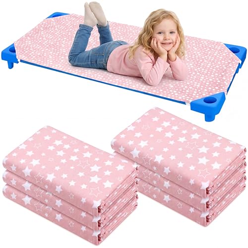 Image of Peryiter 6 Pcs Cot Sheets for Daycare Standard Size 24 inch x 51 inch Toddler Nap Mat Sheets Star Pattern with Corner Elastic Loops Breathable Bed Fitted Cot Crib for Preschool Child Kid Boy Girl (Pink)