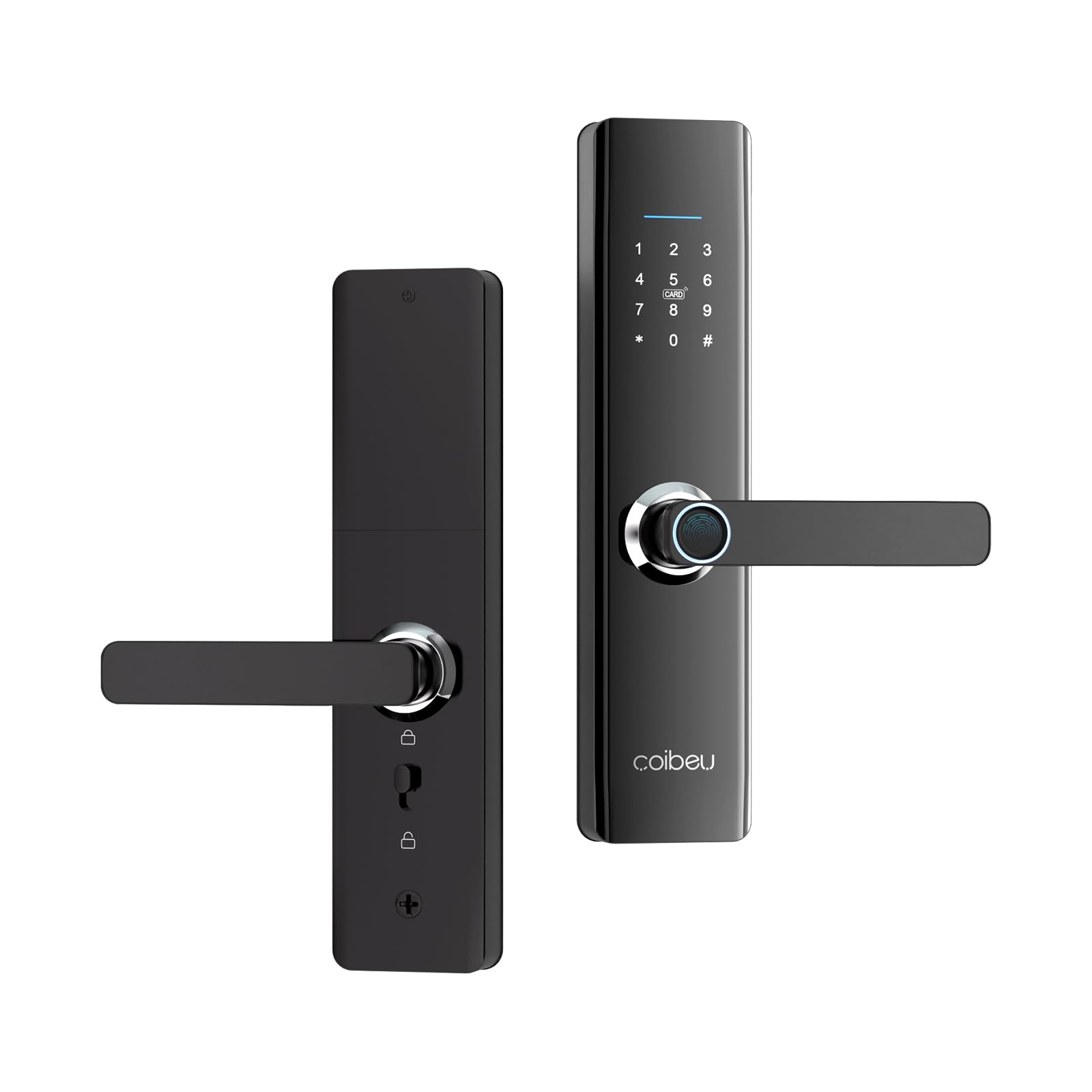 Detailed diagram of the Coibeu Smart Digital Lock showing overall dimensions, key dimensions, and a table of specifications including model, material, unlock speed, application, cylinder type, fingerprint capacity, battery type, door thickness, door type, and unlocking methods.