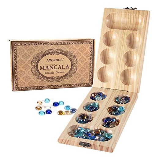 AMEROUS Wooden Mancala Board Game Set - Folding Board - 72+8 Bonus Multi Color Glass Stones - Gift Package - Mancale Instructions, Portable Travel Board Game for Kids and Adults