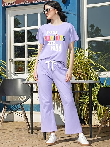 Image of ZEYO Night Suit for Women's Typography Printed Cotton Night Dress of Top and Wide Bottom Pyjama
