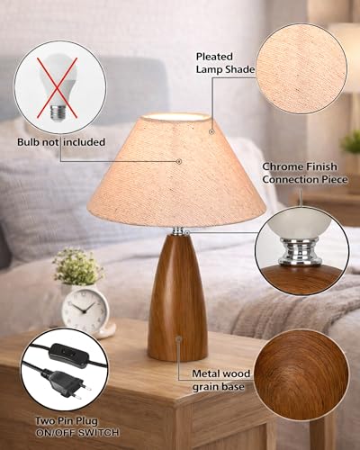 Image of Homesake Wood Grain Pattern Small Table Lamp, Desk Light, Wooden Bedroom Lamps for Nightstand, Scalloped Lamp Shade Table Lamps Small Spaces, Bedroom, Living Room, Taper Cone, (Jute Cone)