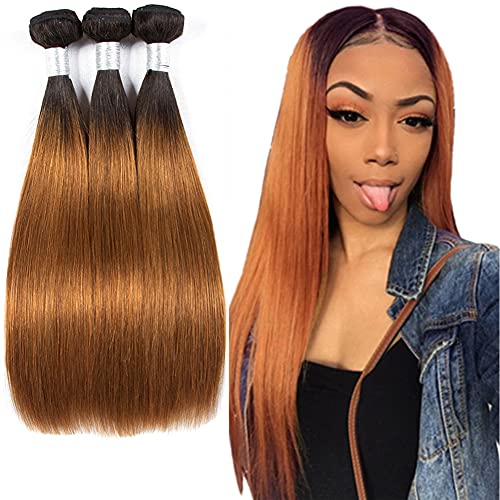Ombre Straight Bundles Human Hair 1B/30 Ombre Brown Brazilian Virgin Hair 3 Bundle Dark Roots Two Tones Hair Bundles 9A Grade Tangle Free Wet And Wavy Short Bundles 16 18 20 Inch