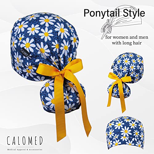 Image of Scrub Cap for Women and Men, Ponytail Scrub Caps, Working Hat, Head Cover with Ribbon Ties and Buttons, Long Hair