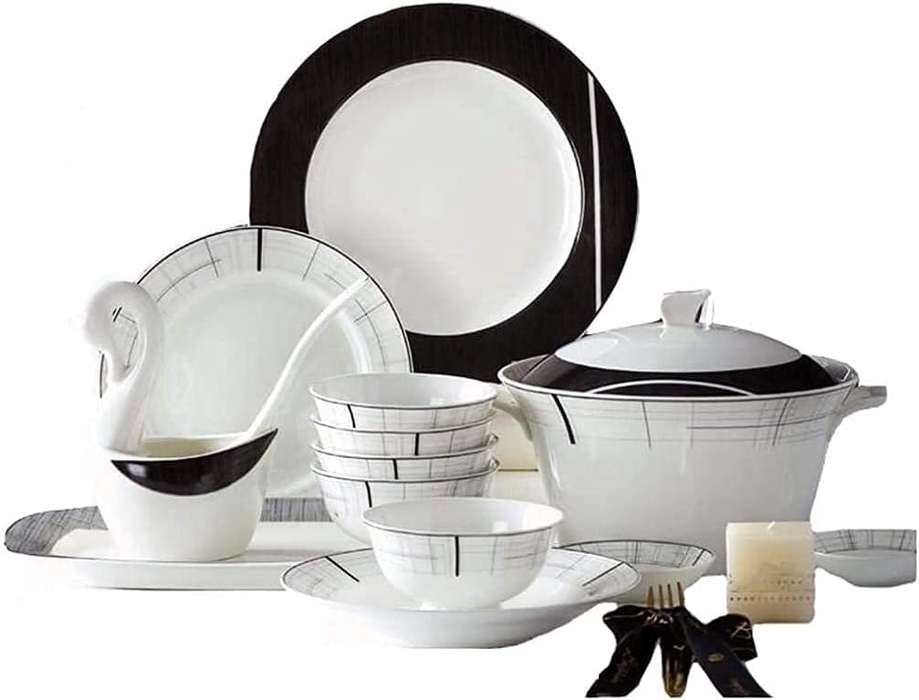 Stylish Dishes Set for Restaurant and Home, Dinner Set, 66 Pieces Porcelain Dinnerware Set Modern Black and White Overglaze Tableware Combination Suitable for 10 Persons Kitchenware